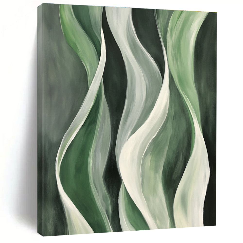 Green and White Wavy Abstract Painting on Dark Green GER241