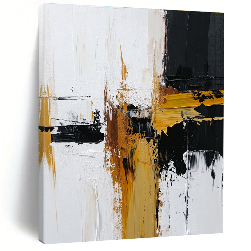 Black White and Gold Abstract Painting with Dynamic Strokes GER483