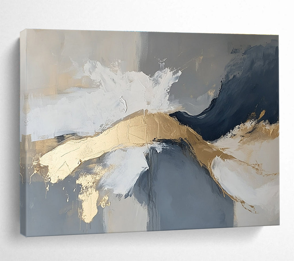 Large abstract painting in gray and white with gold accents, atmospheric and moody, featuring intricate details.SC140