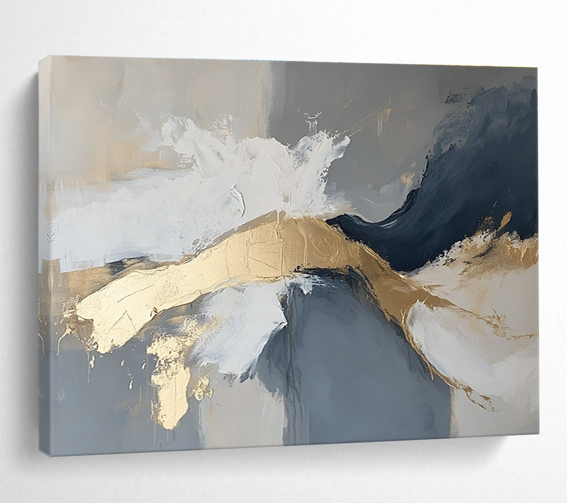 Large abstract painting in gray and white with gold accents, atmospheric and moody, featuring intricate details.SC140