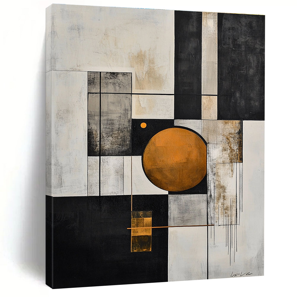 Large abstract painting in black and white with an orange circle and geometric shapes features a gray line and exquisite details on textured canvas.STSC207