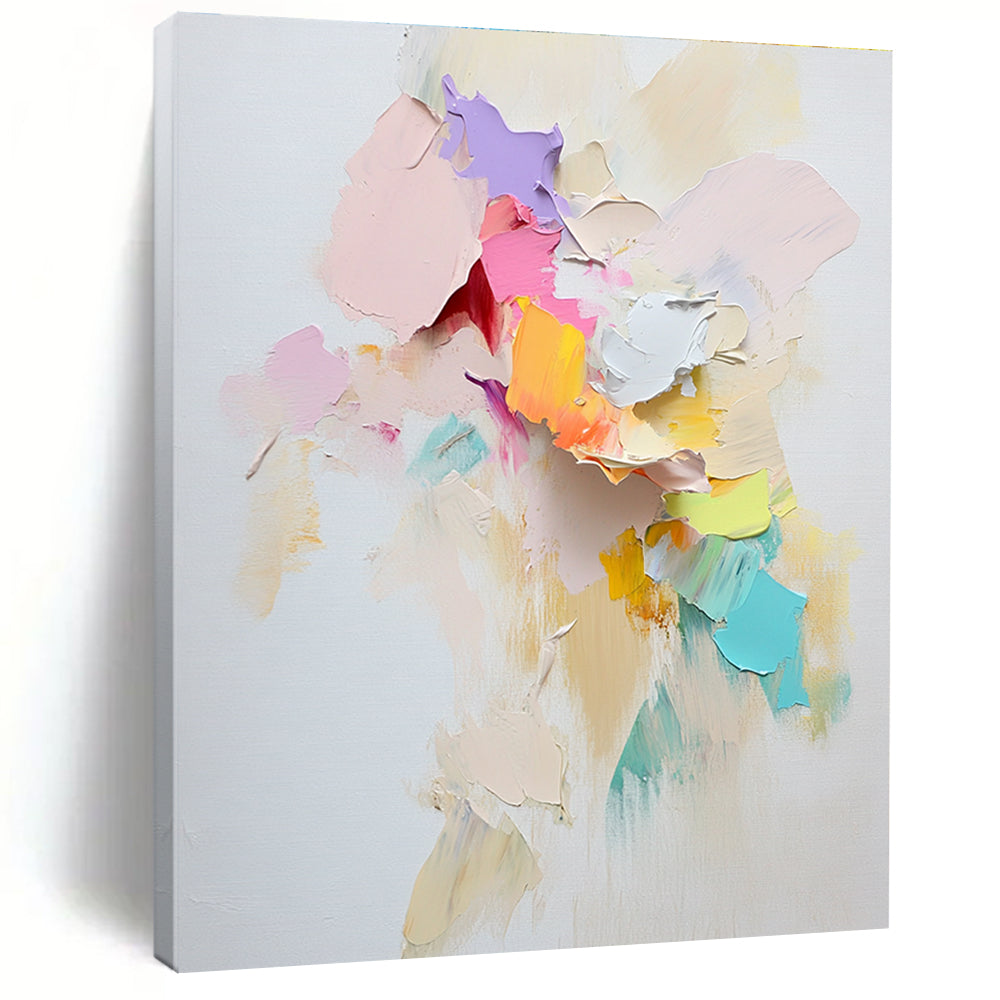 Large abstract painting with loose textured paint and pastel paper pieces suggesting movement featuring a prominent torn scrapbook paper centerpiece.STSC1248