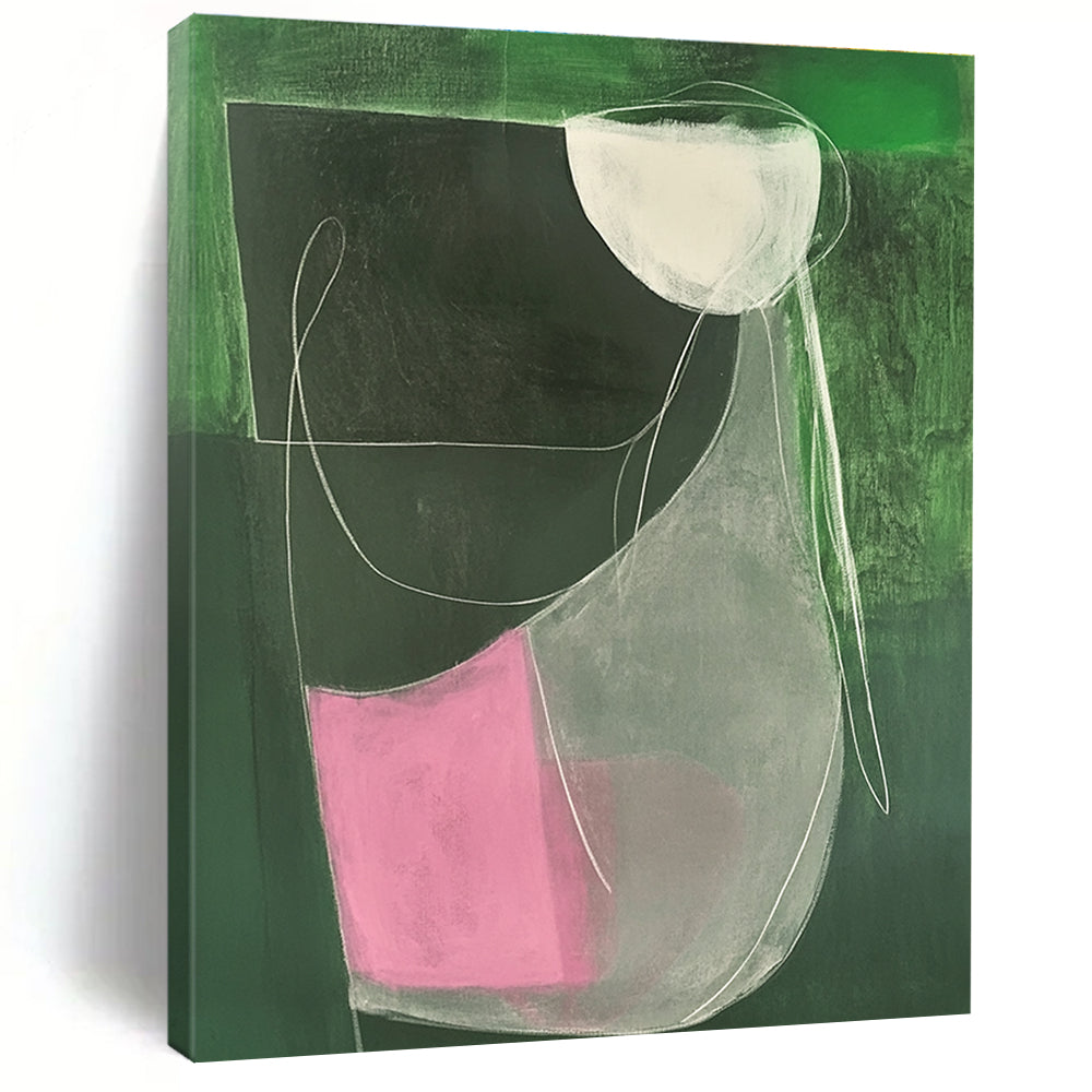 Large abstract painting featuring a female form in green and pink with minimalist white lines on dark grey canvas.STSC1297