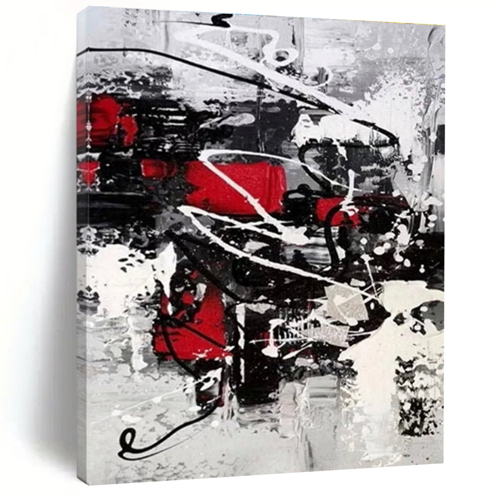Red - Accented Black and White Dynamic Abstract Painting ADGE383