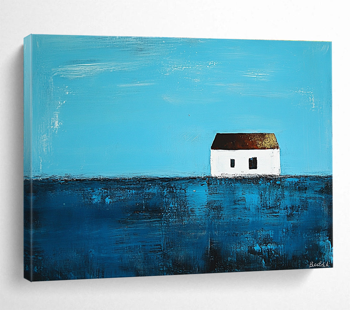 A large abstract painting featuring a small white house on the horizon surrounded by deep blue sea in the style of Anna Bocek.SC553