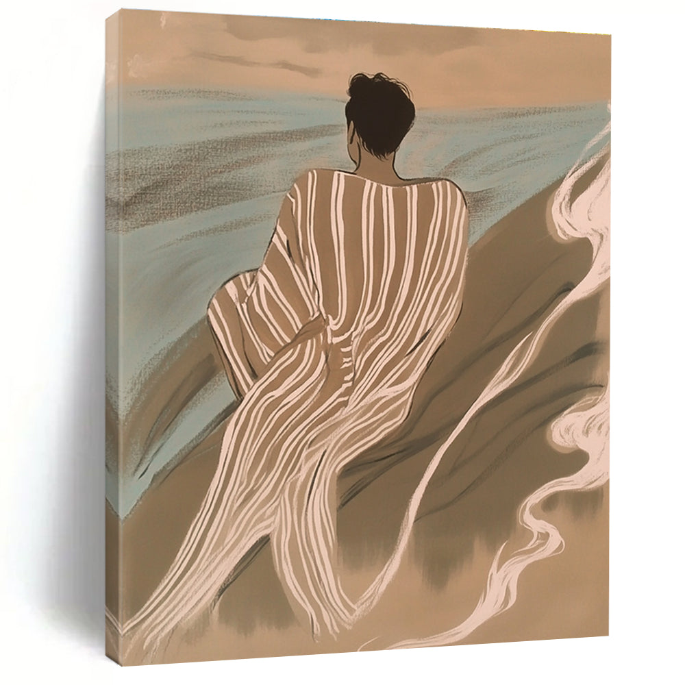 A large abstract painting featuring an Asian man in striped robes surrounded by waves and smoke in soft tones of brown and blue.STSC1104