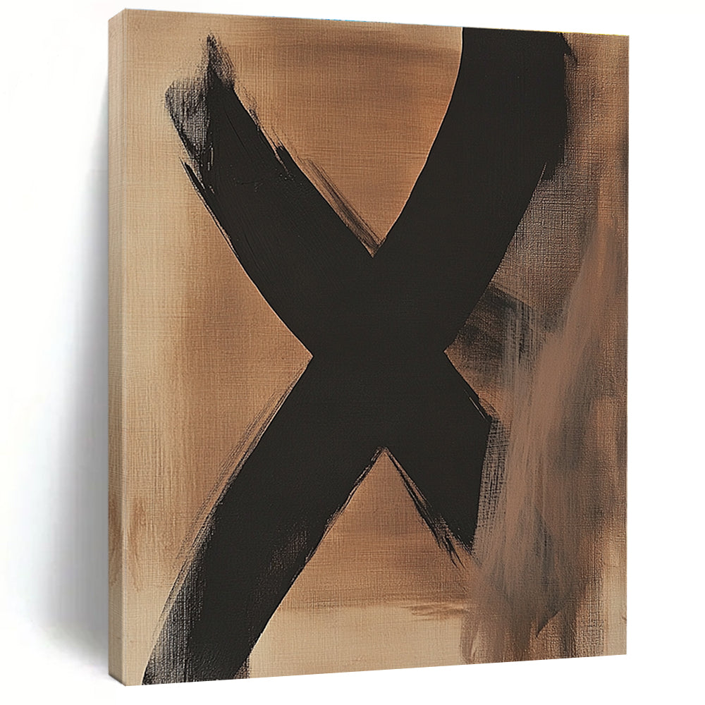 Black X on Beige Abstract Painting with Bold Brushstrokes GER017