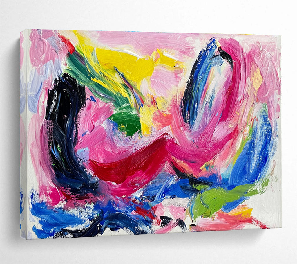 Large abstract painting featuring vibrant pink and blue hues thick brush strokes and dynamic black swirls with red lines and green shapes on a white backgroundSC150