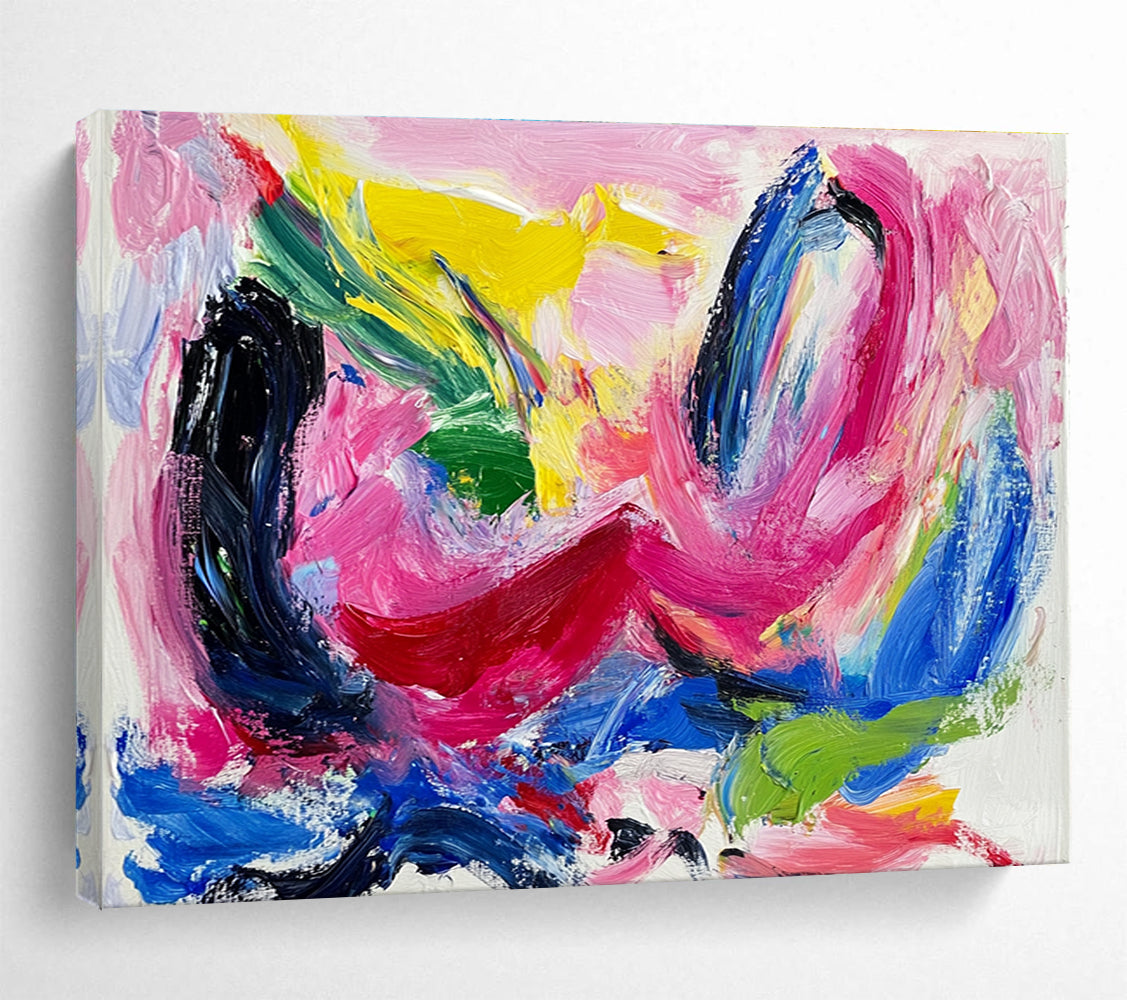 Large abstract painting featuring vibrant pink and blue hues thick brush strokes and dynamic black swirls with red lines and green shapes on a white backgroundSC150