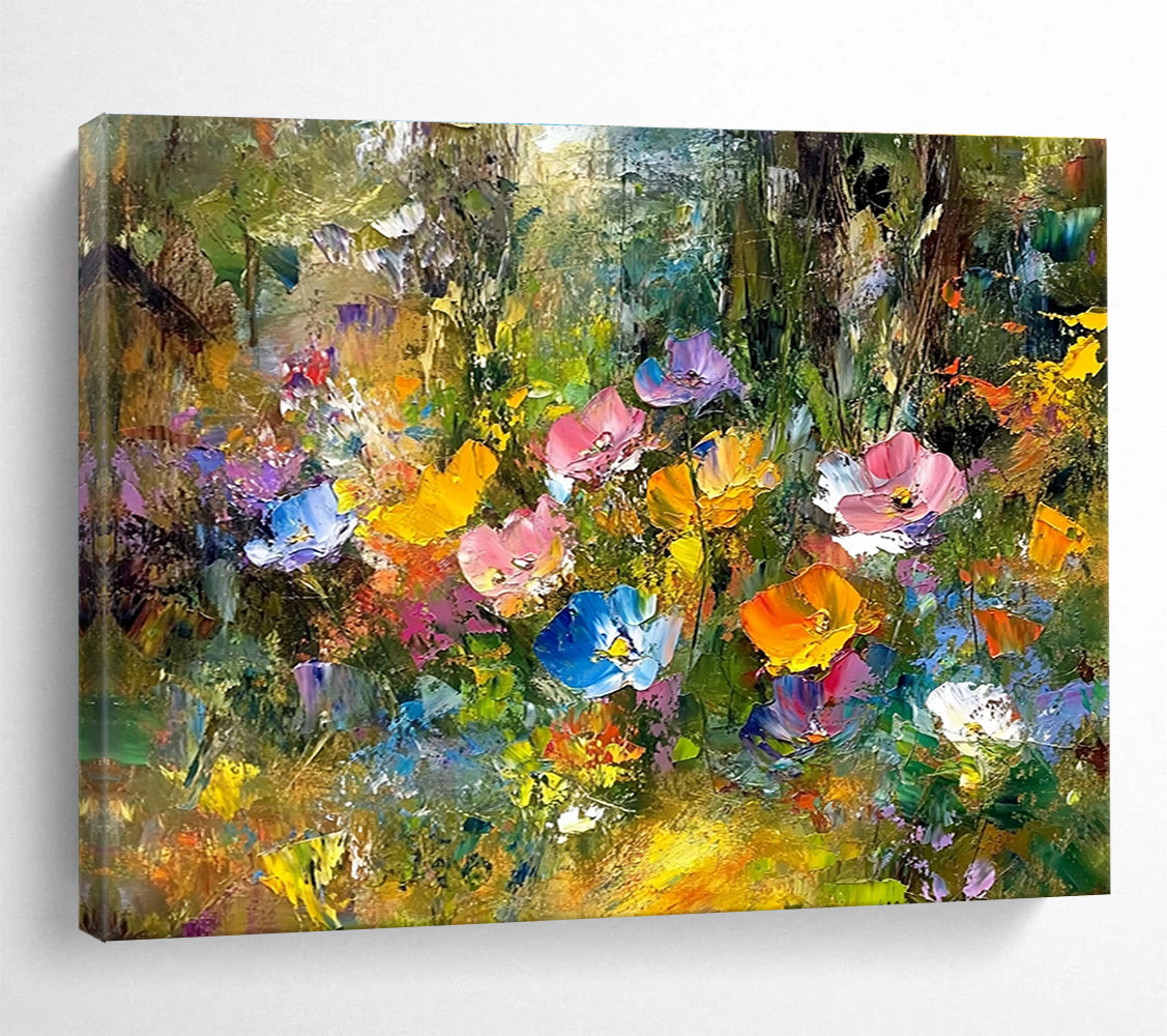 An abstract painting featuring vibrant wildflowers in a forest with expressive colors and blurred background, highlighted by golden foliage and trees.SC401