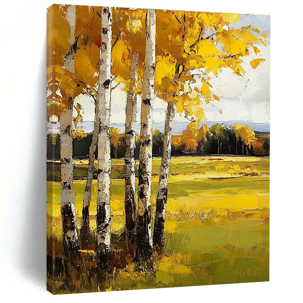 Abstract painting featuring yellow birch trees vibrant autumn colors textured depth and realistic detail in a captivating landscape setting.STSC1015