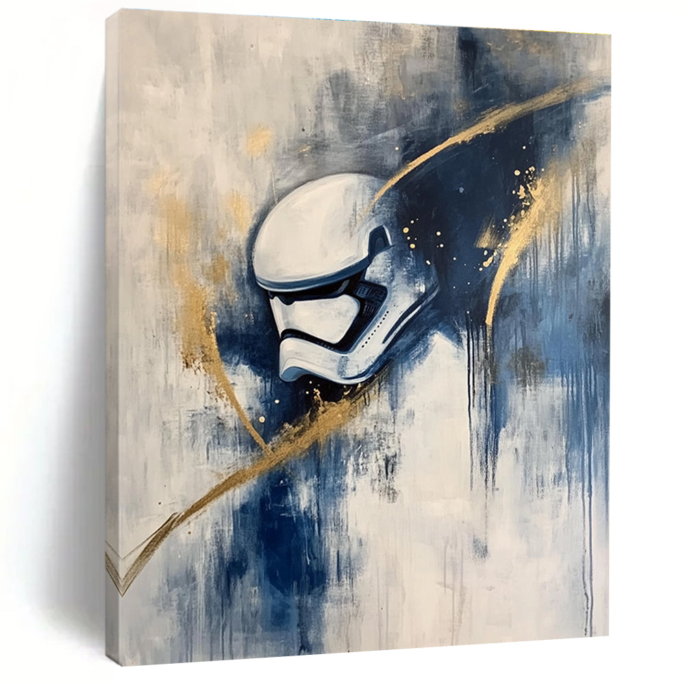 Abstract painting of a stormtrooper in action featuring white and blue tones with gold highlights in an Abstract Expressionism style on canvas.STSC667