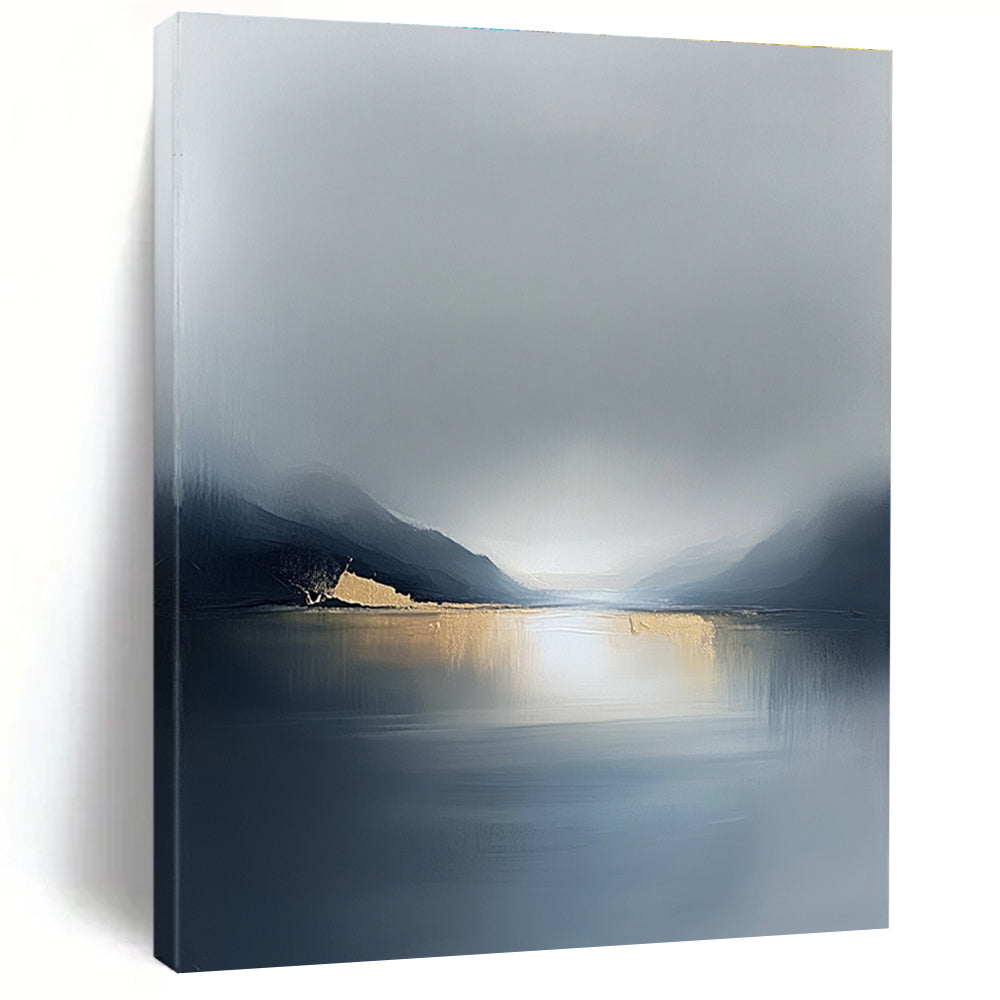 Large abstract painting in soft gray tones with gold accents evoking serene solitude and reflection on life's vast journey across a misty sea.STSC088