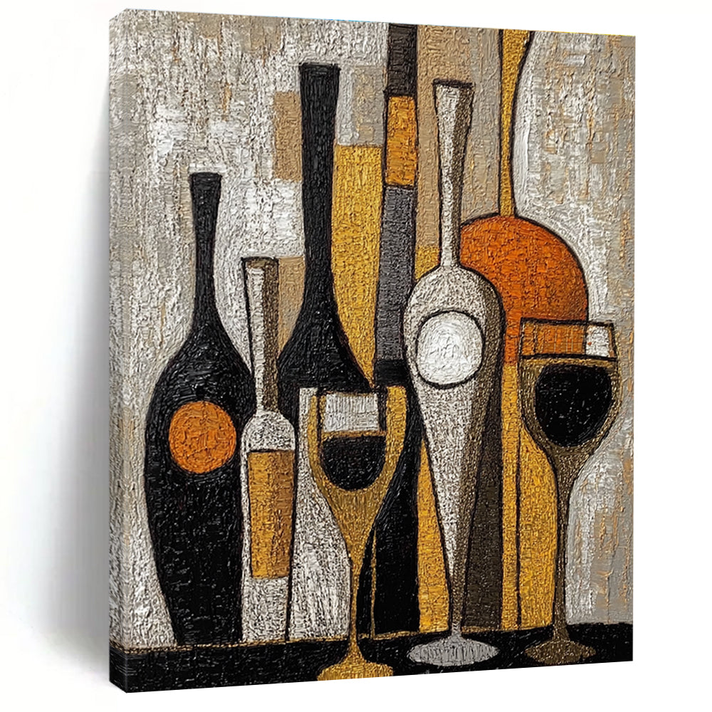 Large abstract painting featuring wine bottles and glasses with textured black white orange and gold embroidery.STSC369