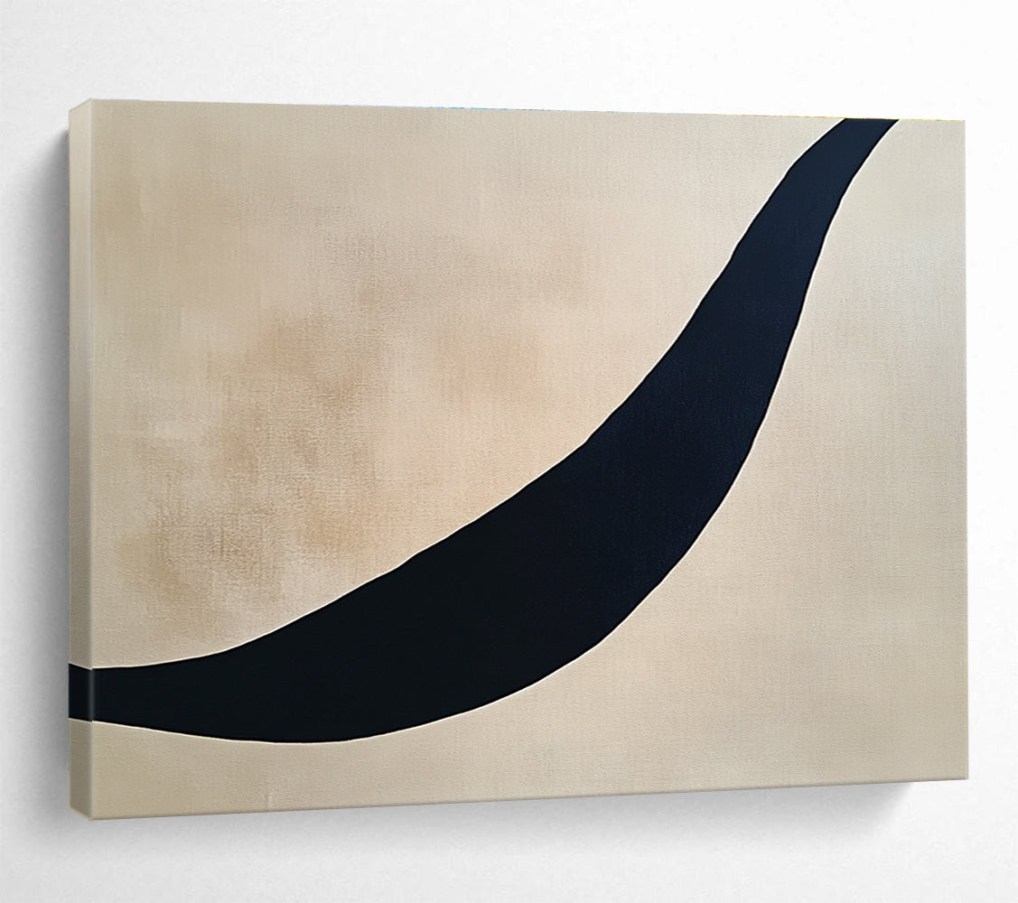 Curved Black Line on Beige Abstract Painting with Minimalist Design DYP584