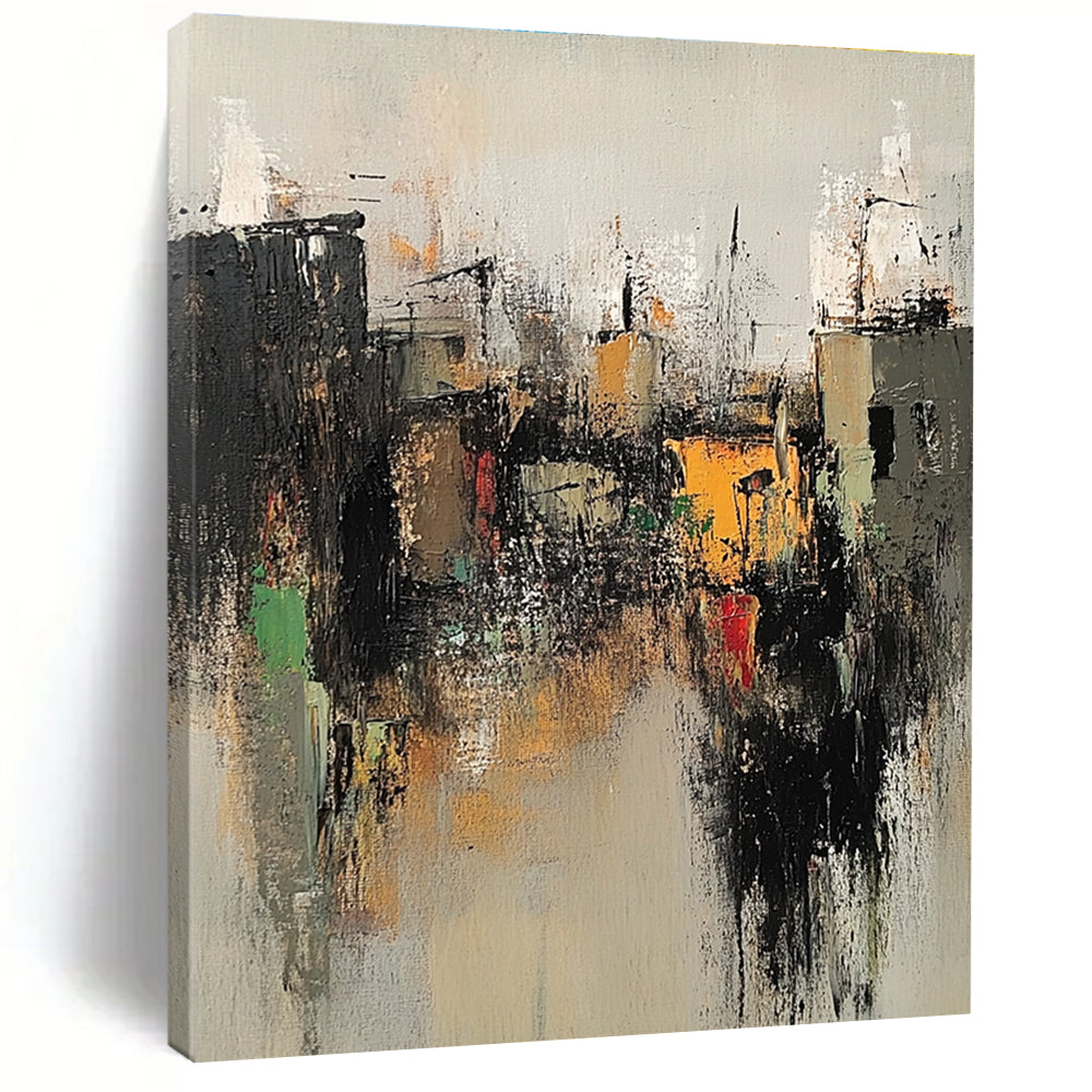 Large abstract painting of an old village with neutral tones dark gray light orange accents evoking nostalgia for vintage rural life.STSC660
