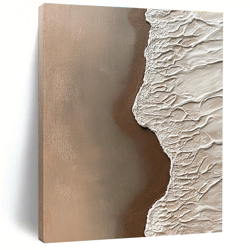 Abstract painting of sand meeting water with intricate details of grains in natural tones creating a tranquil coastal atmosphere.STSC954