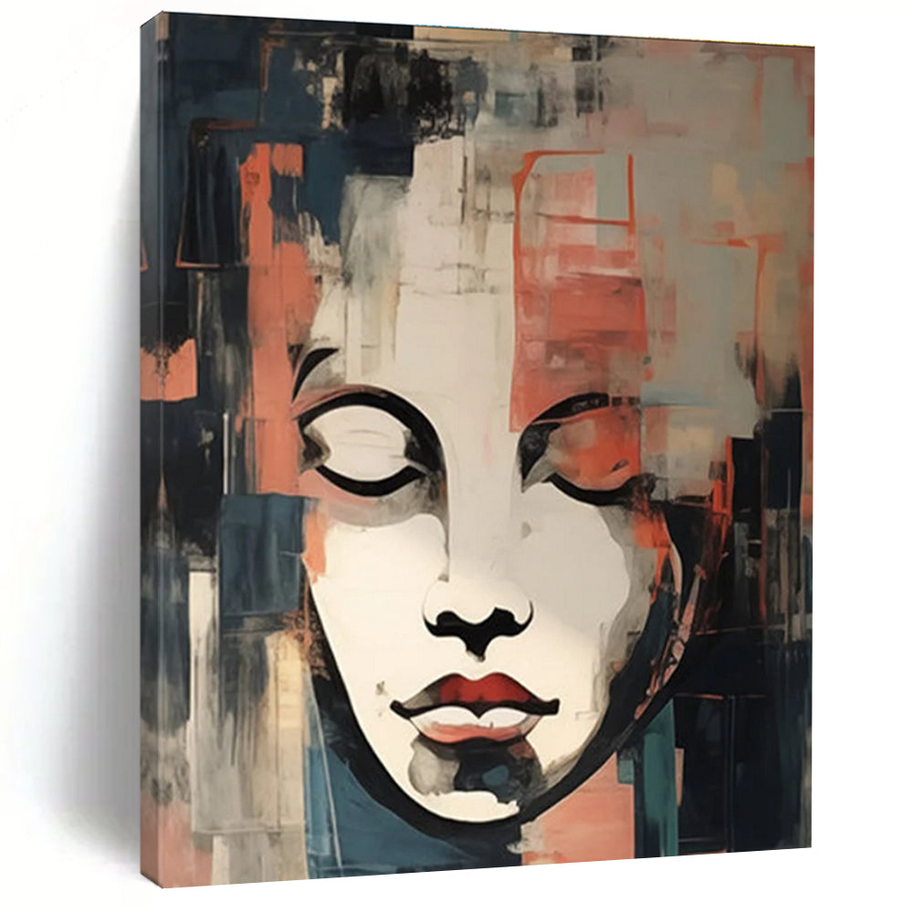 Cubist - Style Portrait Abstract Painting with Red, Blue, and Gray ADGE124