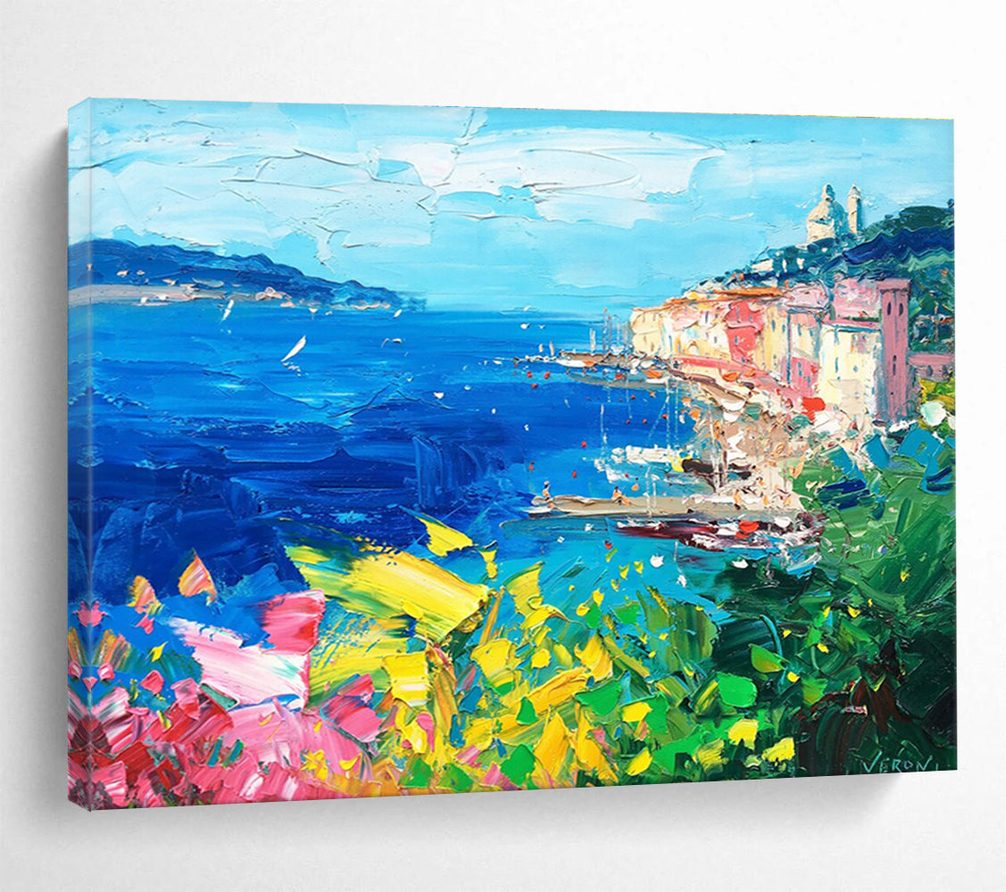 Blue Pink Yellow Coastal Harbor Abstract Painting THY486