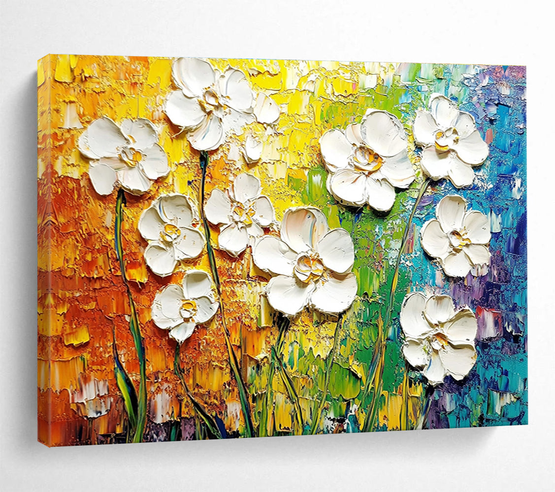 Vibrant abstract painting of white flowers on a textured canvas showcasing intricate details and celebrating the beauty of nature.SC271