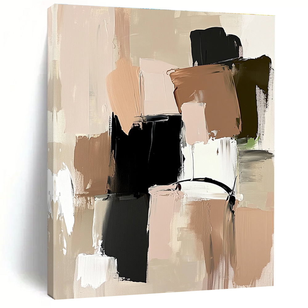 Large abstract painting featuring neutral tones beige and black shapes soft pink and green accents on a beige background with loose brush strokes.STSC779