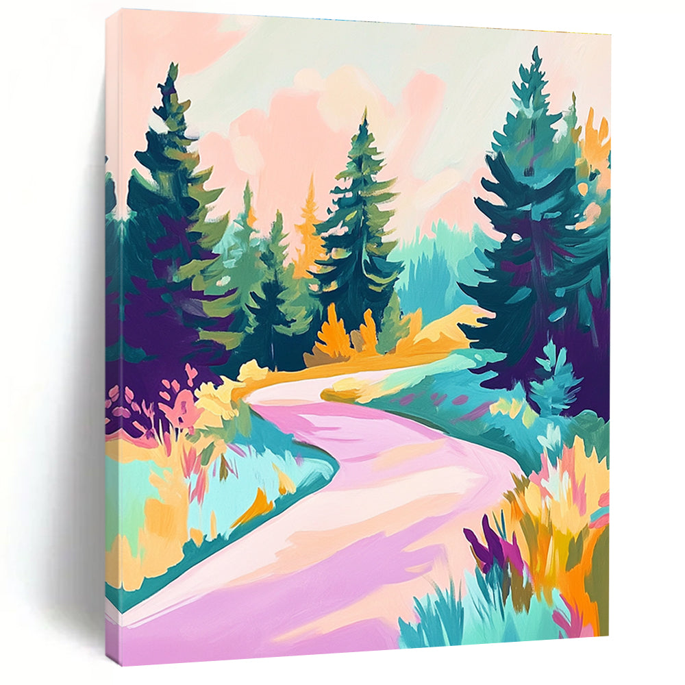 Abstract painting featuring an alpine road with pine trees in shades of teal purple pink and yellow using a soft-focus acrylic technique.STSC1019
