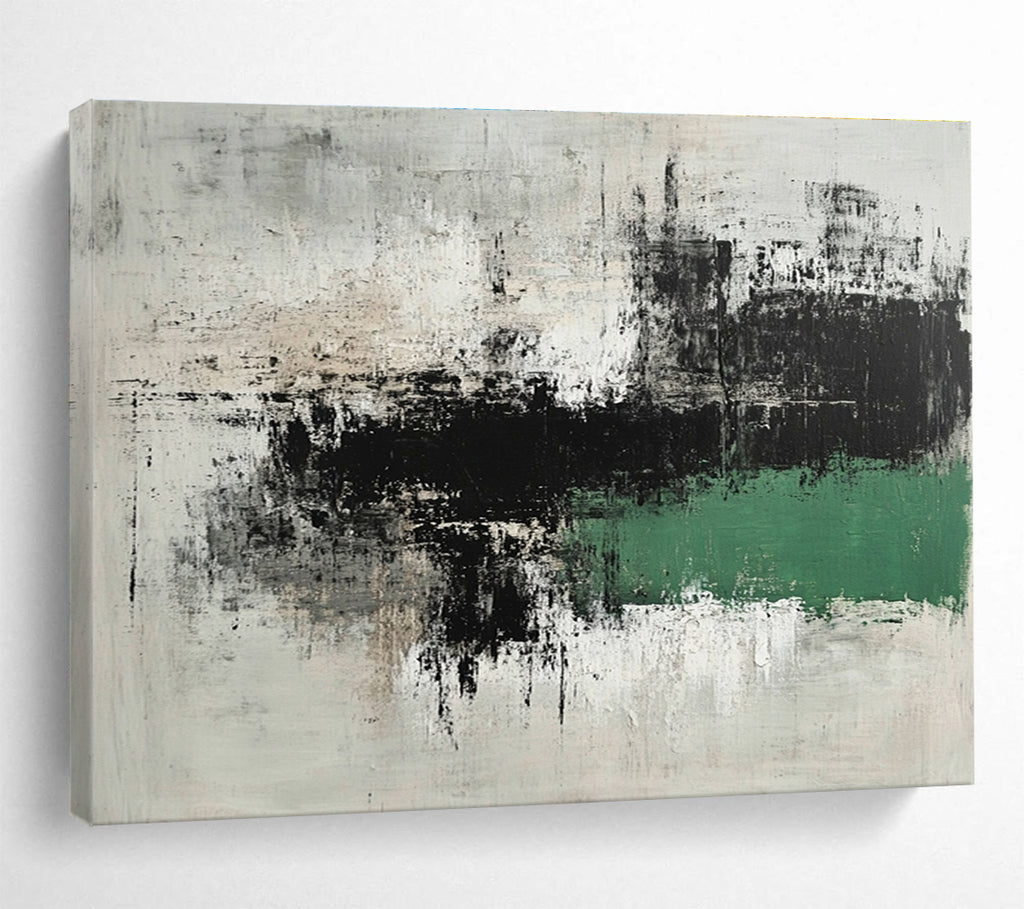 Large abstract painting in gray and green with thick brushstrokes minimalist landscape style and textured calm Zen atmosphere on dark background.SC220