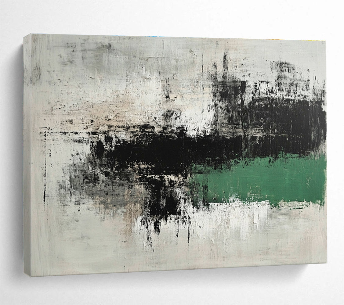 Large abstract painting in gray and green with thick brushstrokes minimalist landscape style and textured calm Zen atmosphere on dark background.SC220