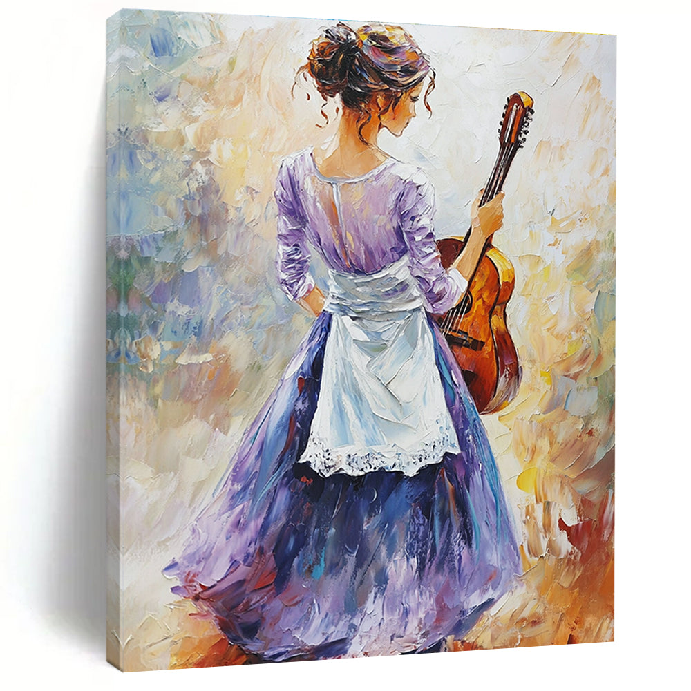 Large abstract oil painting featuring an elegant figure in a light purple dress and dark blue skirt holding a guitar with vibrant colors and soft lighting.STSC1373