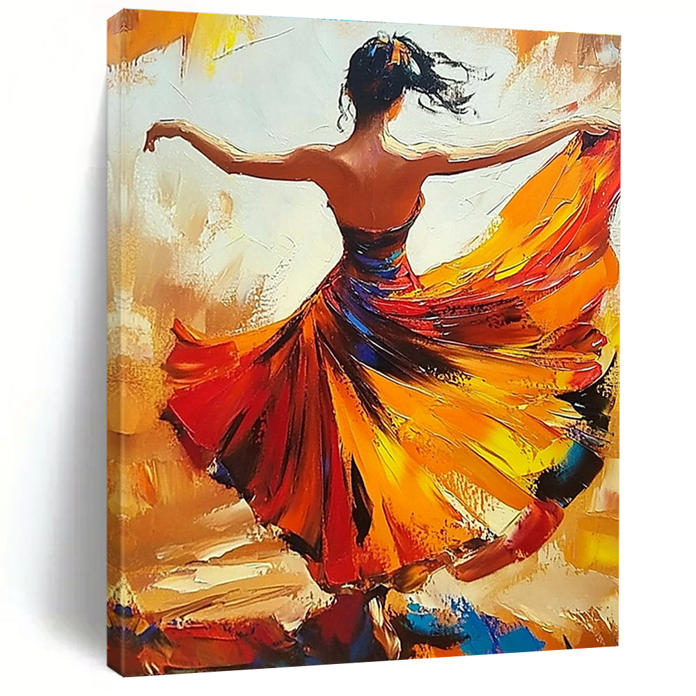 Abstract oil painting of a woman in a flowing flamenco dress dancing with her arms wide open in warm colors.STSC174