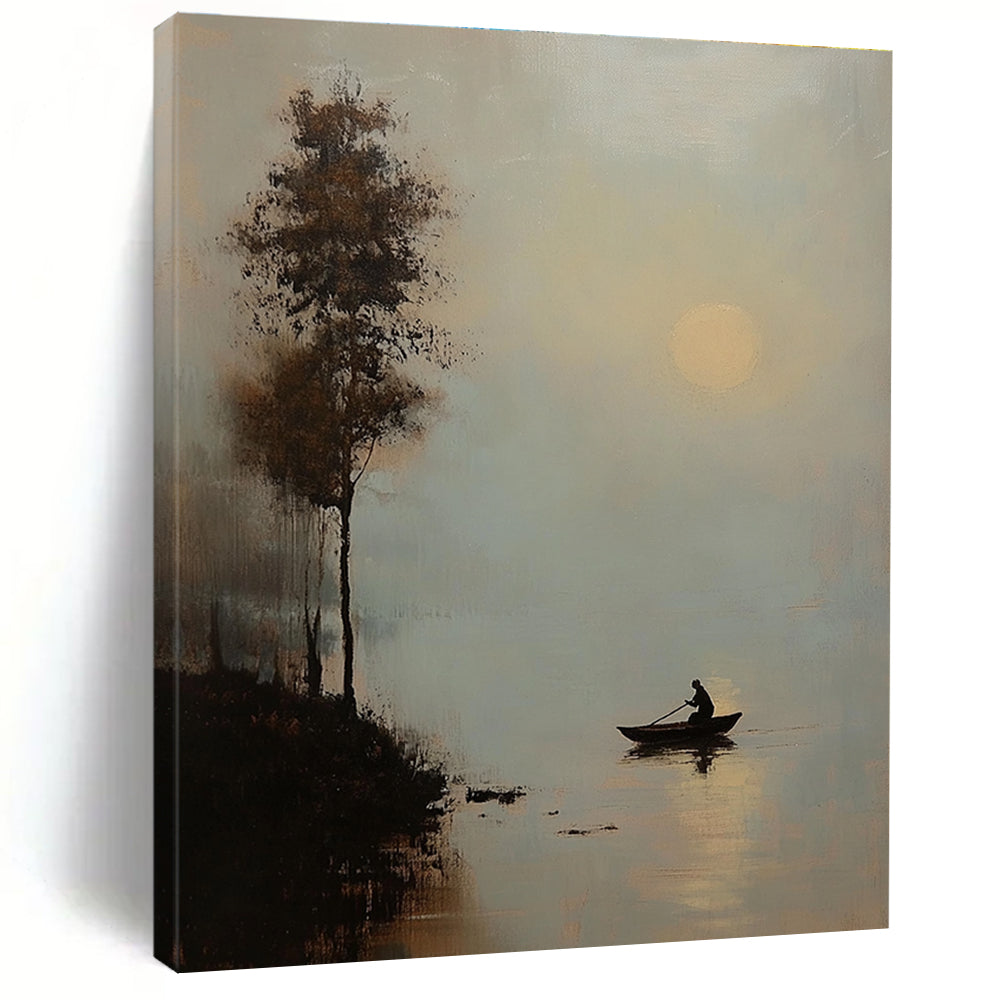 An abstract painting of moonlight over water featuring a man in a boat and a tree silhouette in soft muted tones.STSC1307
