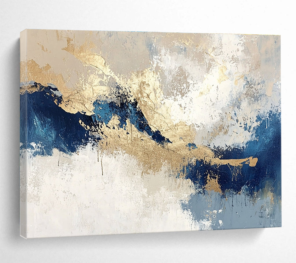 Large abstract painting in blue and gold on textured beige and white background featuring light gray and dark indigo tones for a stunning decor.SC023