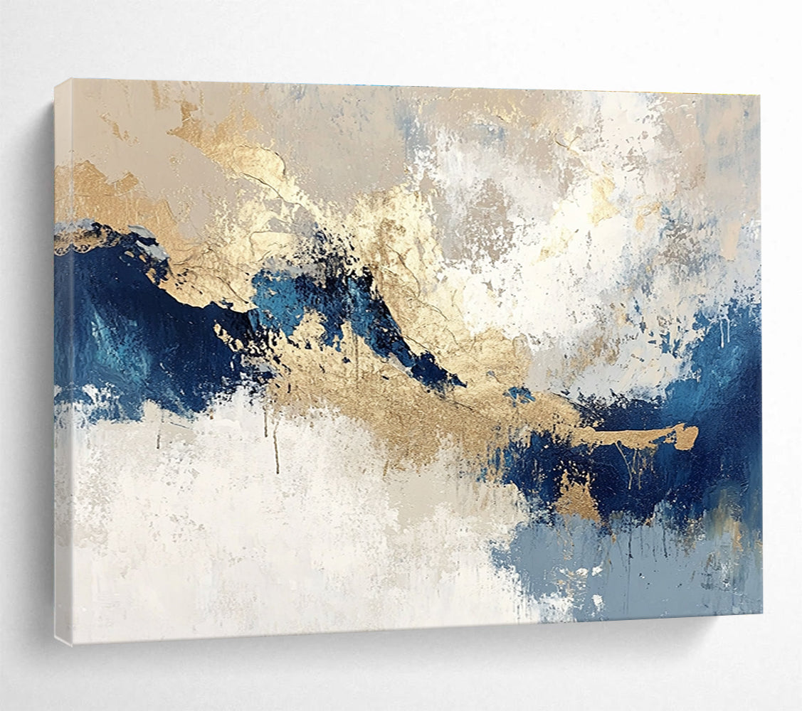 Large abstract painting in blue and gold on textured beige and white background featuring light gray and dark indigo tones for a stunning decor.SC023