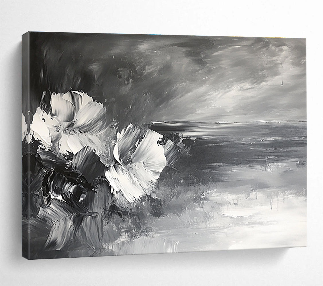 Black and White Flower and Sea Abstract Painting with Impasto Technique DYP177