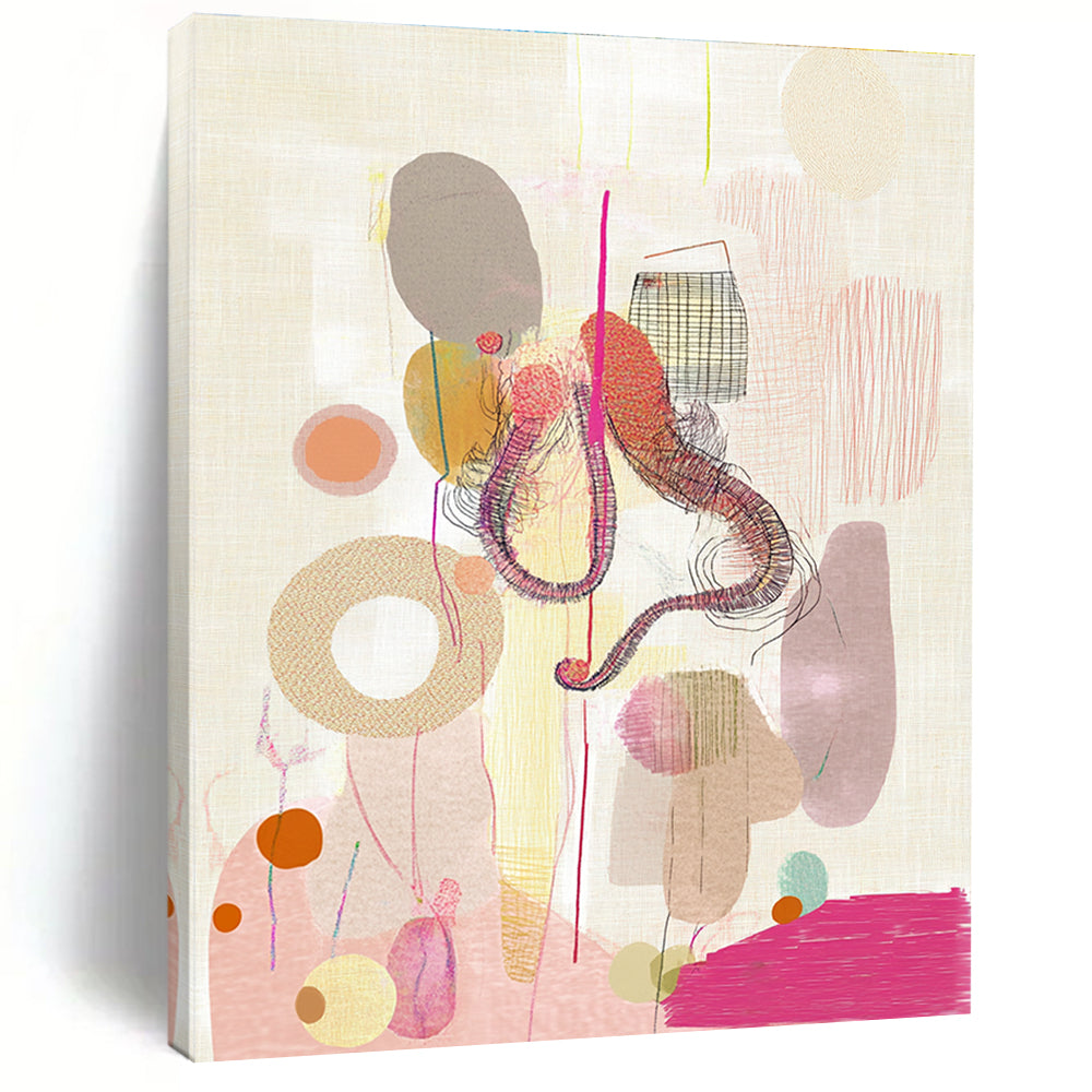 Abstract painting featuring shapes and organic forms with a whimsical octopus figure climbing a geometric form amidst bubbles and pink stripes.STSC841