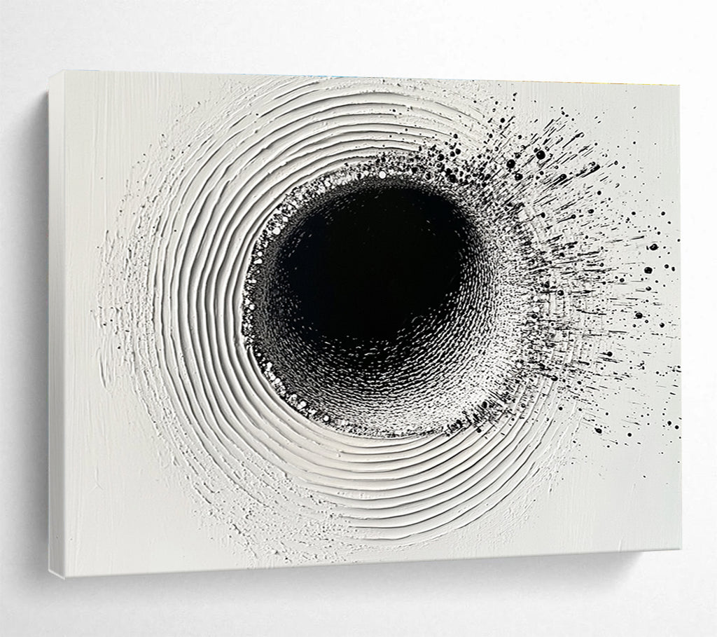 An abstract painting featuring a circular hole filled with water droplets creating ripples on a white plaster background with black ink lines.SC435