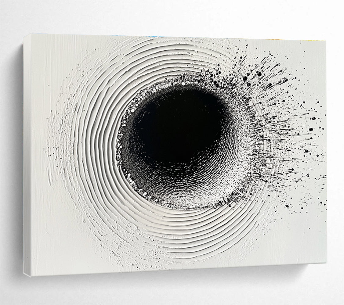 An abstract painting featuring a circular hole filled with water droplets creating ripples on a white plaster background with black ink lines.SC435