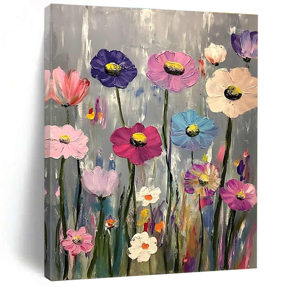 A large abstract painting featuring vibrant pink purple blue and white flowers against a gray background in the style of Claude Monet.STSC1033