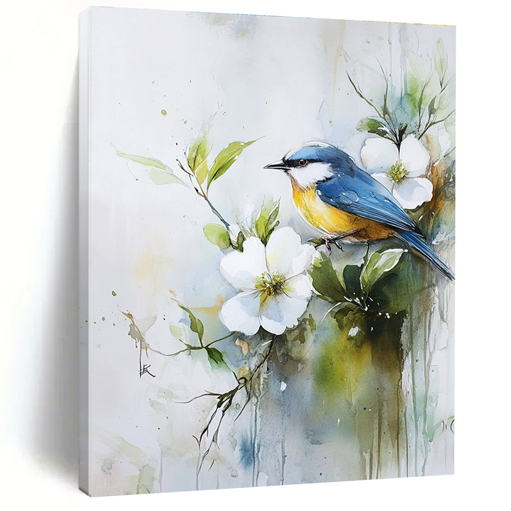A large abstract painting featuring a blue and yellow bird on white flowers with soft green leaves and tranquil brushwork for serene beauty.STSC901
