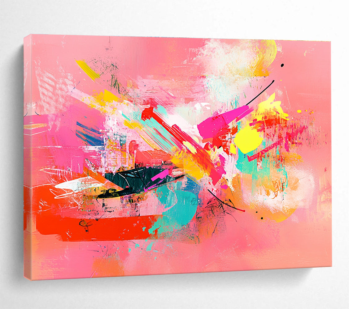 A large abstract painting featuring colorful shapes and lines on a pink background with emotional expressions and a feminine sensibility.SC535