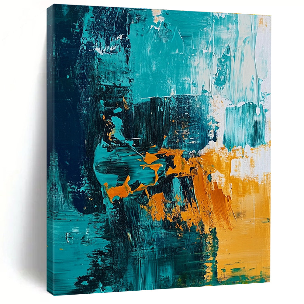 Large abstract painting of the ocean featuring teal and amber hues with expressive brush strokes for vibrant wall decor.STSC704