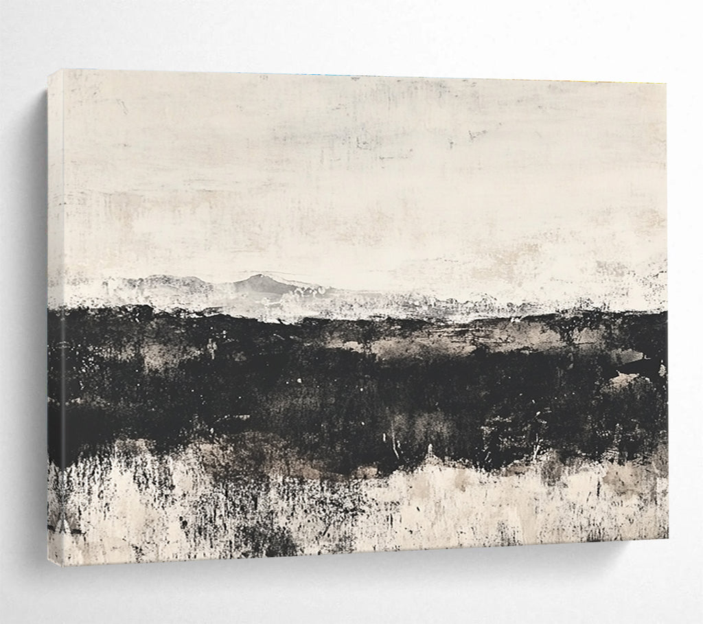 Large abstract painting of the English countryside featuring an open field and distant hills with a textured watercolor effect and calming gray gradient backdrop.SC014