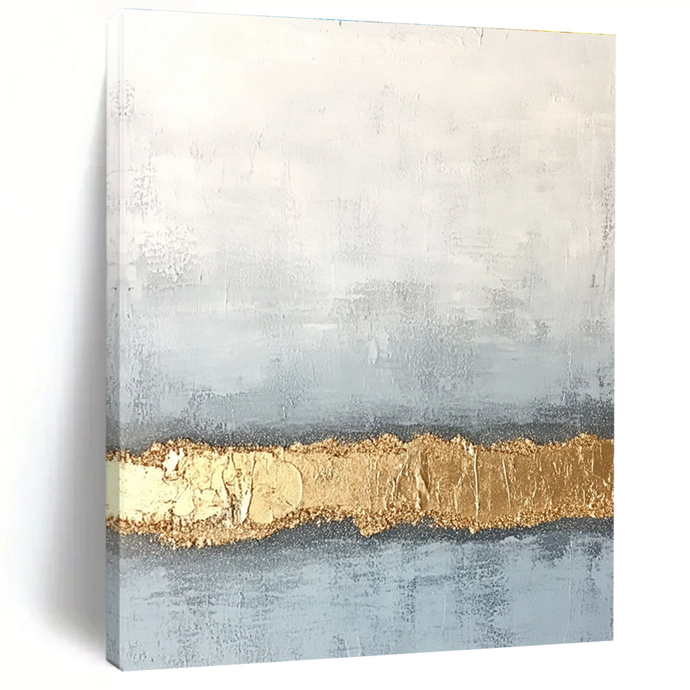 Large abstract painting with textured surface in soft gray and pale blue featuring a golden glitter line at the bottom.STSC735