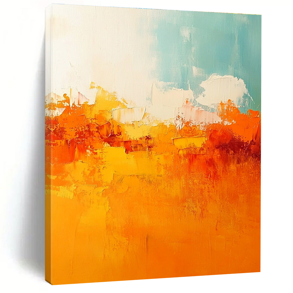 Large abstract painting featuring warm tones of orange and yellow with soft edges and brushstrokes depicting a serene sunset sky.STSC119