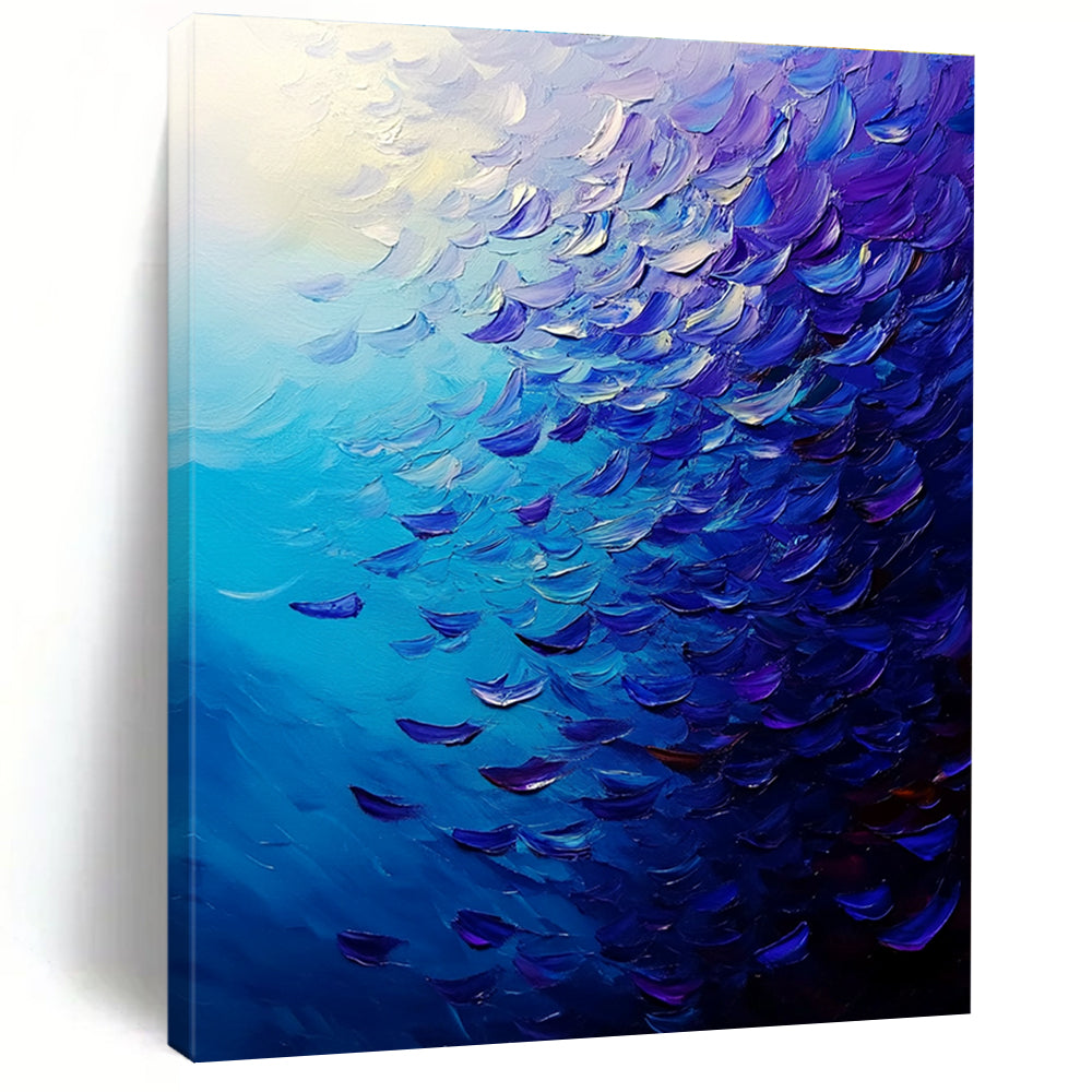 Large abstract painting of a vibrant ocean filled with fish in deep blue and purple hues featuring dynamic brush strokes and rich impasto texture.STSC866