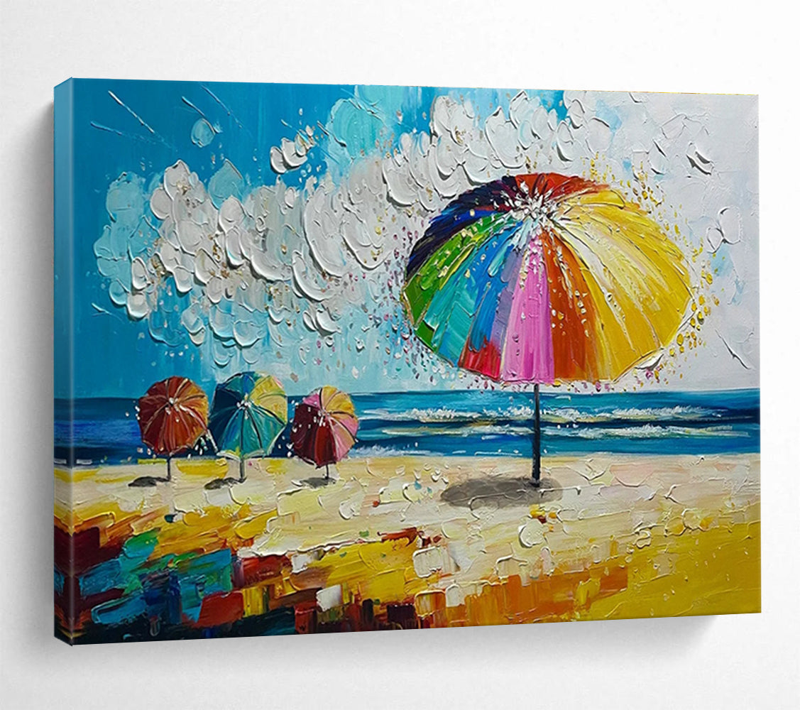 Beach Umbrella Scene Abstract Painting with Bright Coastal Colors THY310