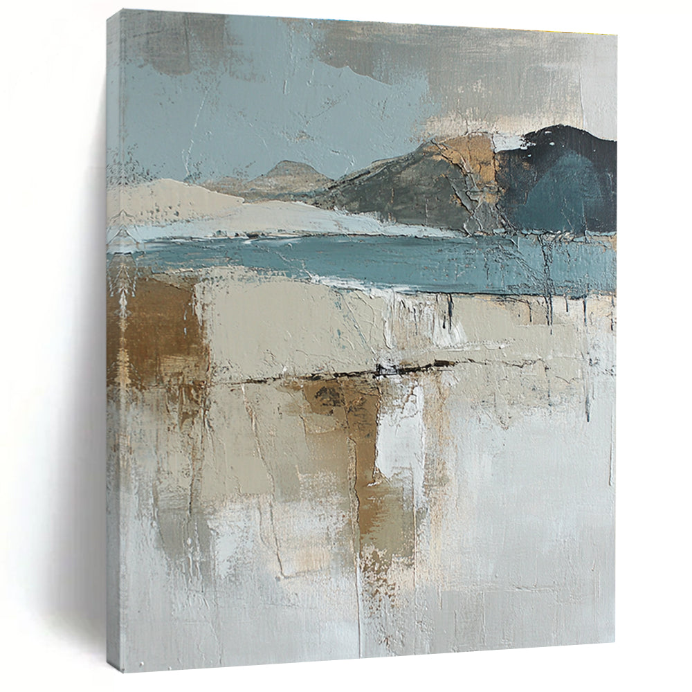 Large abstract oil painting of an Arctic landscape featuring muted earth tones and blue hues enhanced by textured brush strokes.STSC145