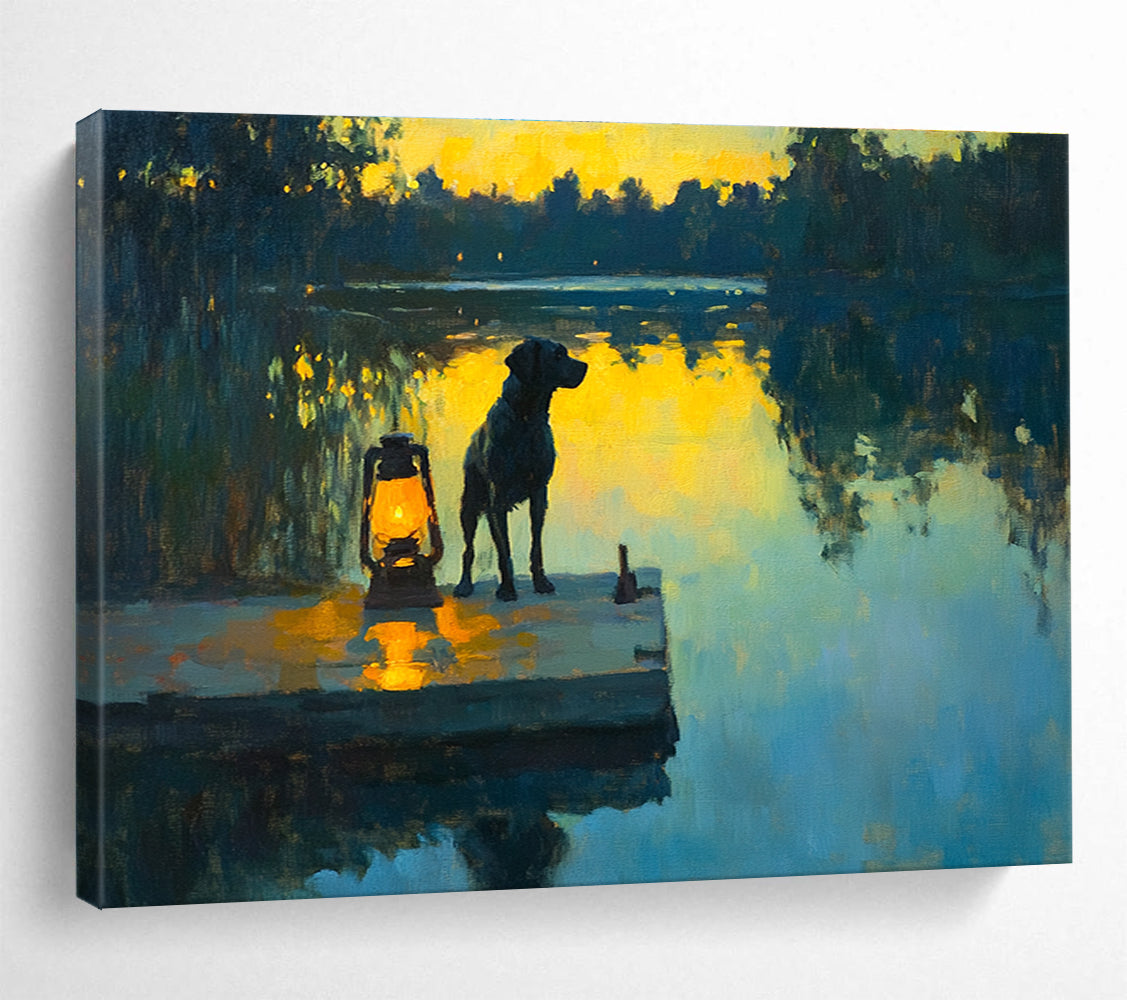 Dog by the Lake at Sunset Realistic - Abstract Painting with Warm Yellows DYP591