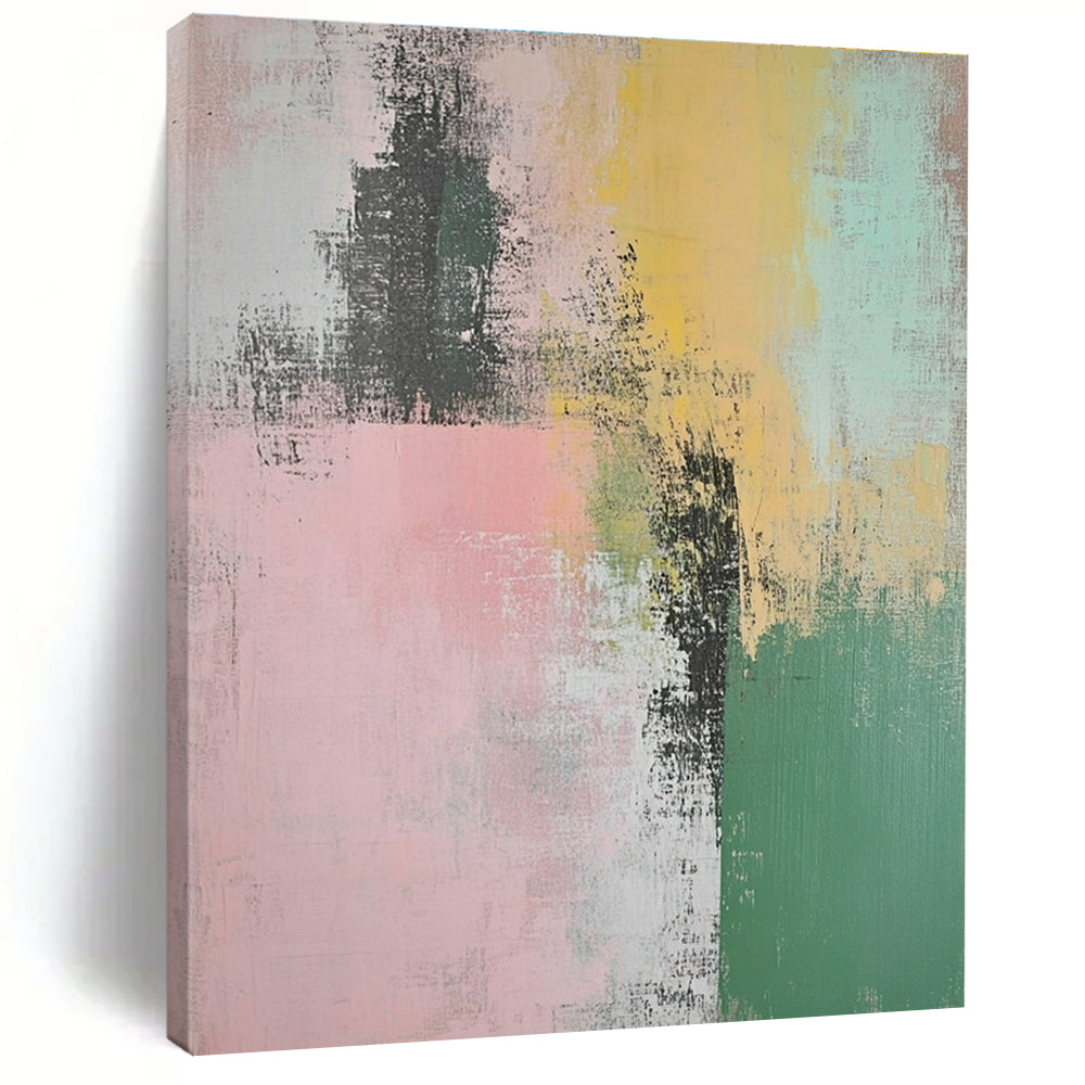 Large abstract painting featuring muted pastel greens pinks and yellows with organic brush strokes showcasing Paige Sessoms' poetry elegantly intertwined.STSC774