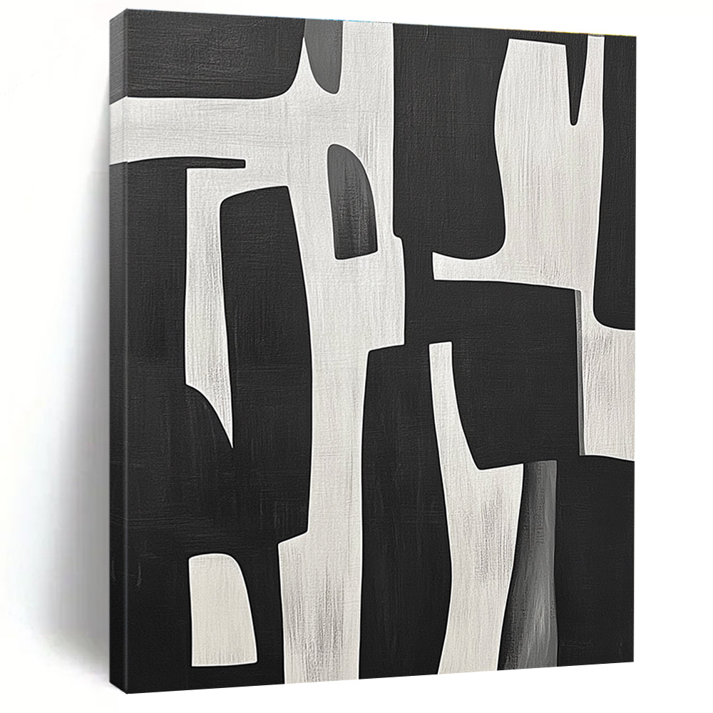 Large abstract painting of black and white shapes inspired by Jean-Paul Gaultier's style showcasing bold contrasts and dynamic forms.STSC328